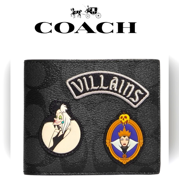 New ๐ Coach Disney 3 In 1 Men Wallet In Signature Canvas With Patches - Picture 2 of 5